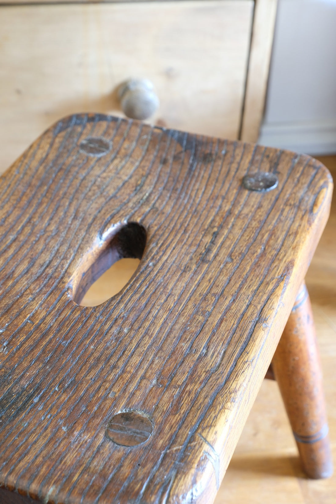 Elm & Ash farmhouse stool with hand hole - circa 1860