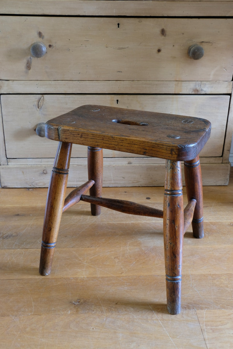 Elm & Ash farmhouse stool with hand hole - circa 1860