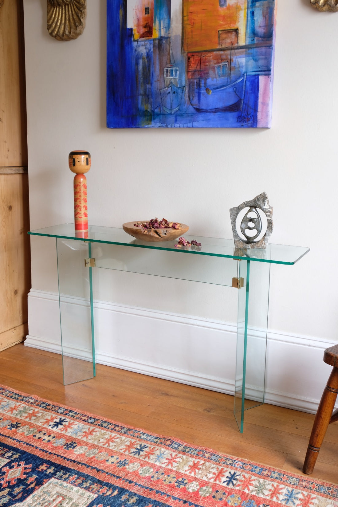 Modern glass hall table in the manner of Leon Rosen
