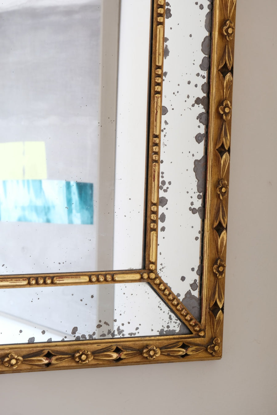 Large antique arched sectional giltwood foxed mirror circa 1910