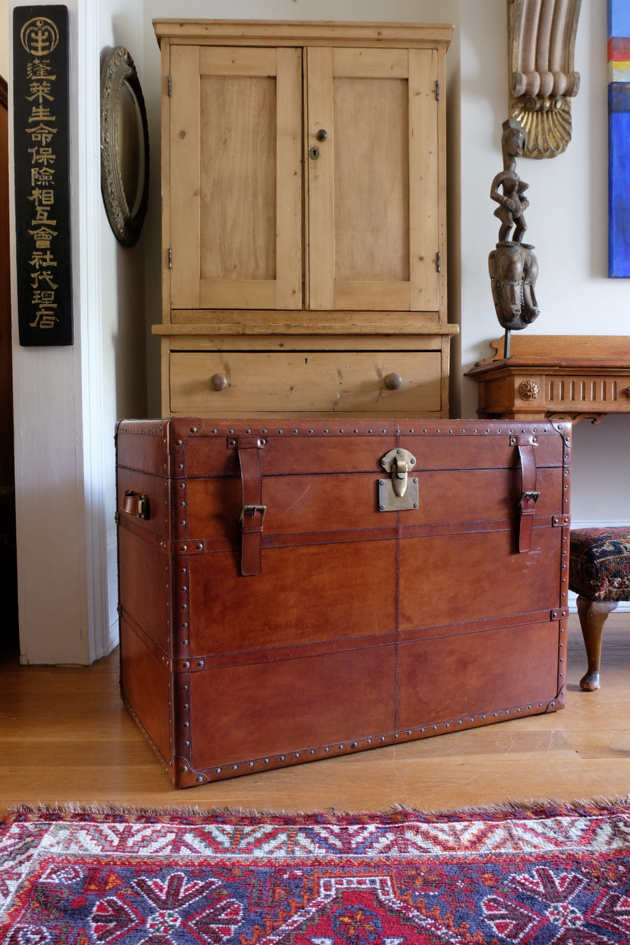 English tan leather steamer trunk with velvet lining & internal tray