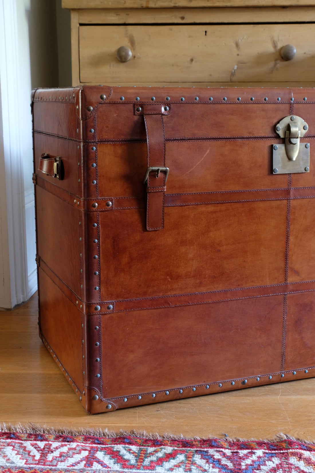 English tan leather steamer trunk with velvet lining & internal tray