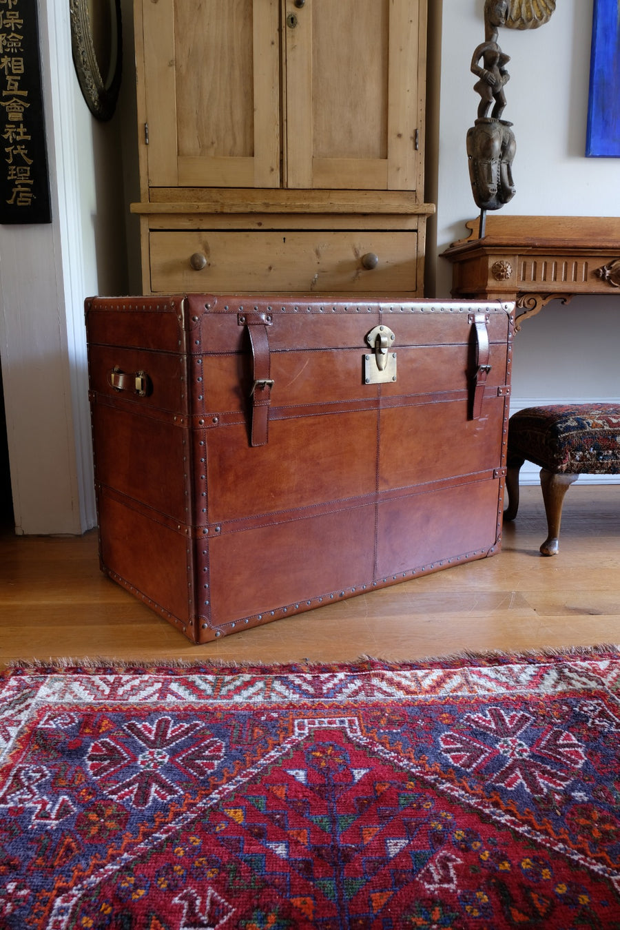 English tan leather steamer trunk with velvet lining & internal tray