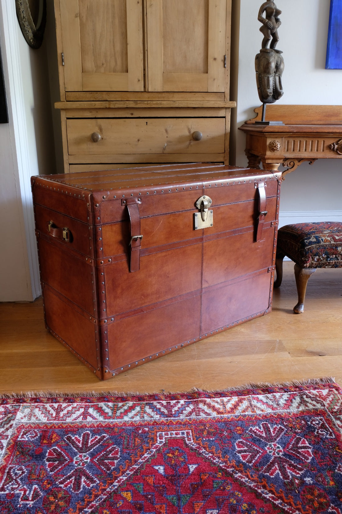 English tan leather steamer trunk with velvet lining & internal tray
