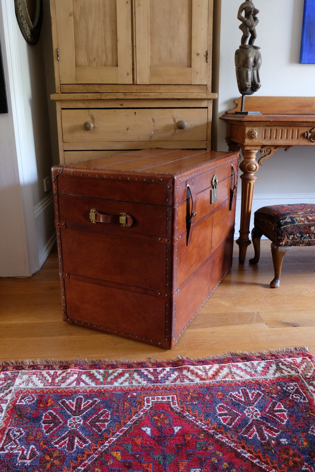 English tan leather steamer trunk with velvet lining & internal tray