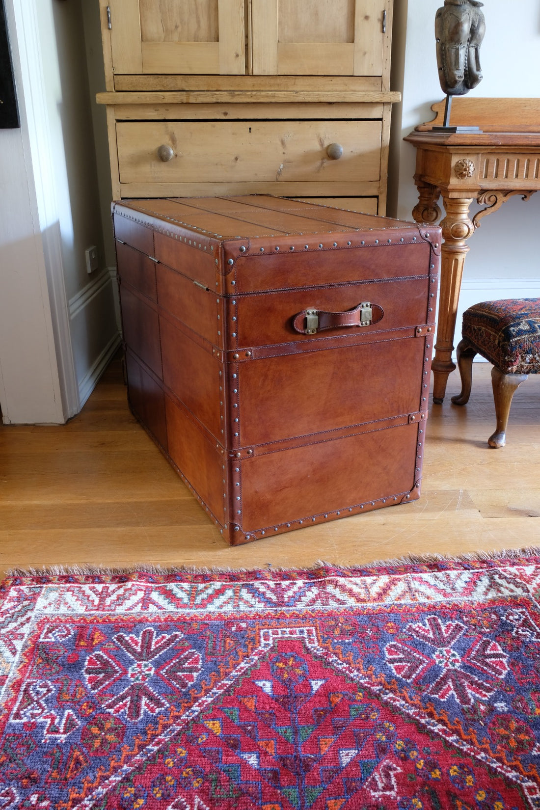 English tan leather steamer trunk with velvet lining & internal tray