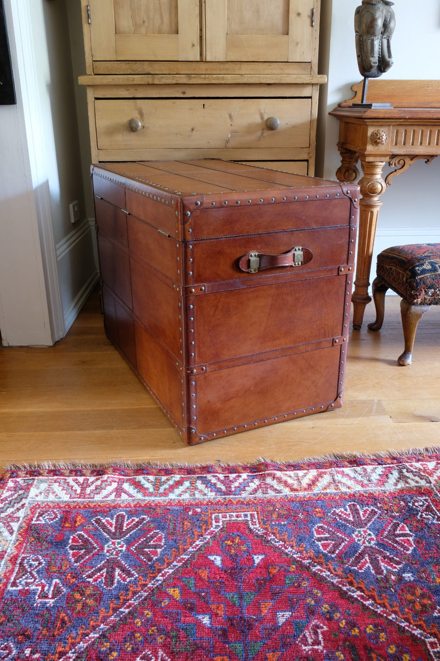 English tan leather steamer trunk with velvet lining & internal tray