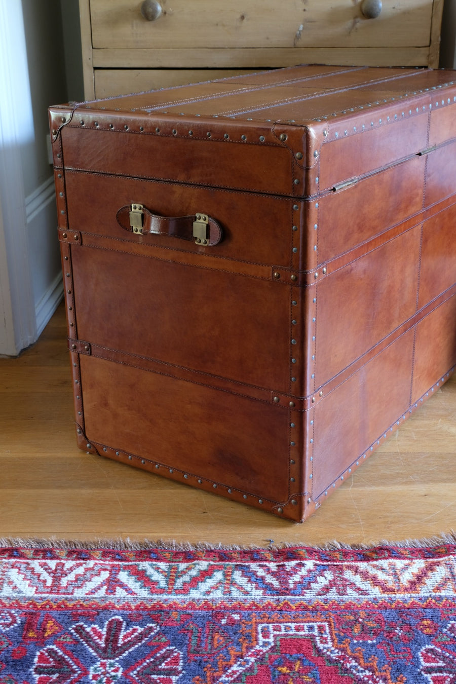 English tan leather steamer trunk with velvet lining & internal tray