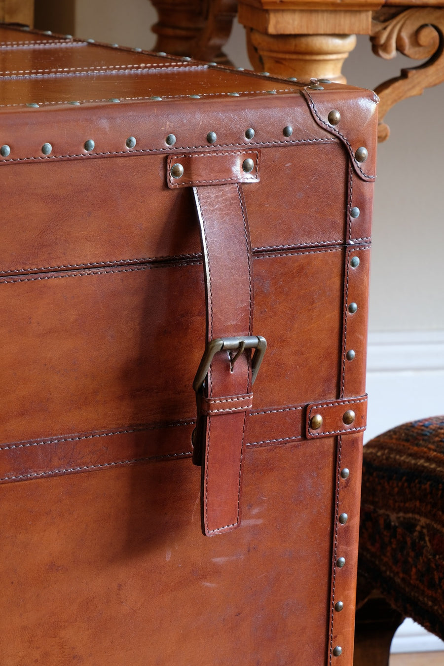 English tan leather steamer trunk with velvet lining & internal tray