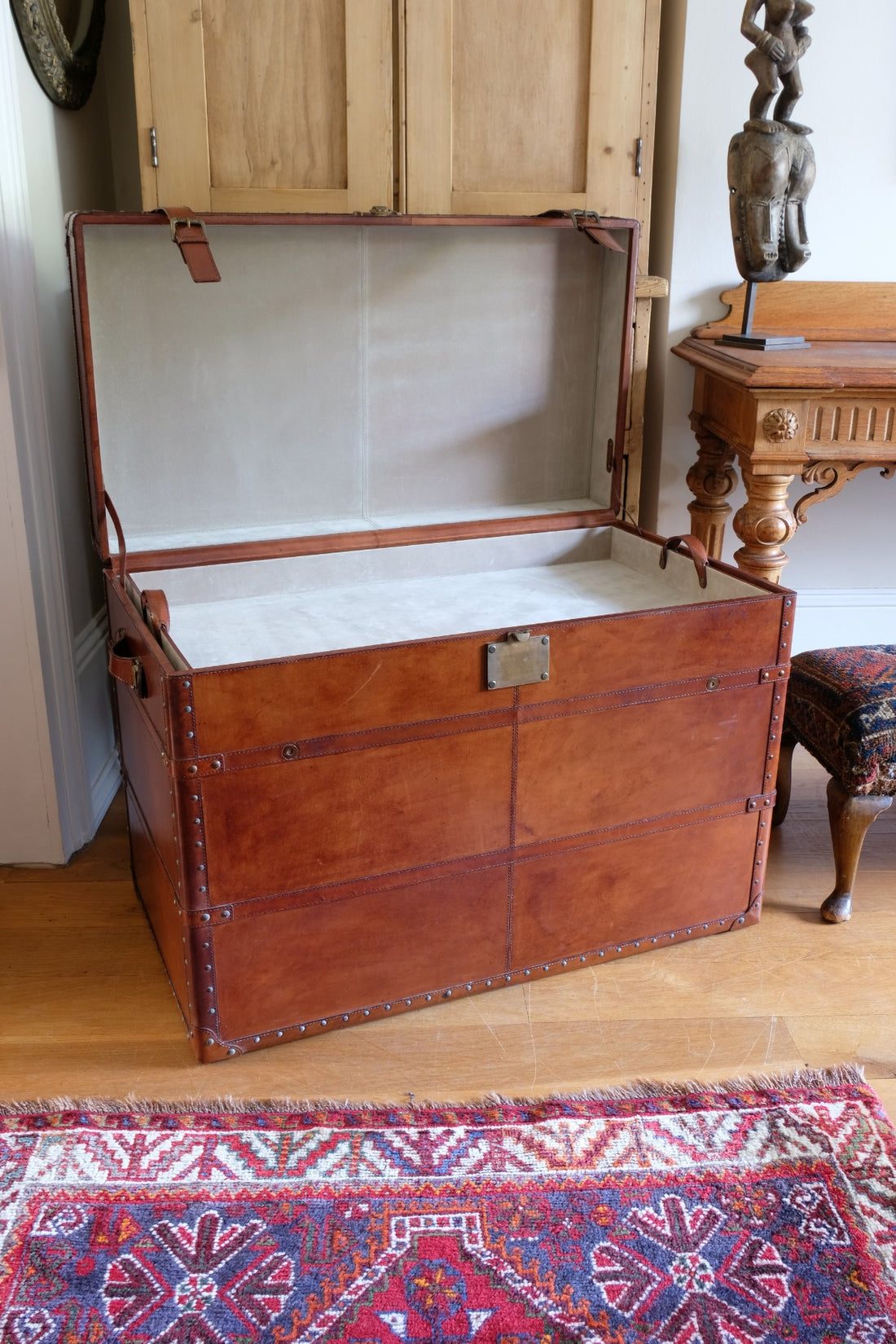English tan leather steamer trunk with velvet lining & internal tray
