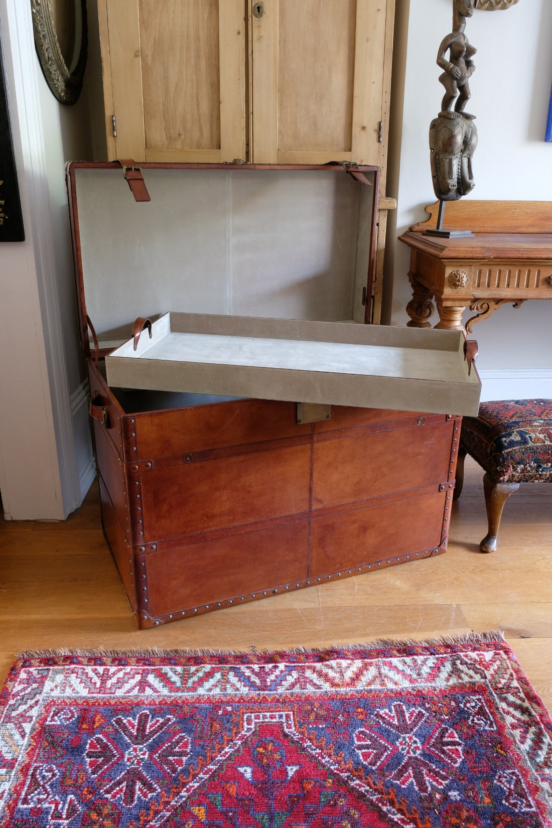 English tan leather steamer trunk with velvet lining & internal tray