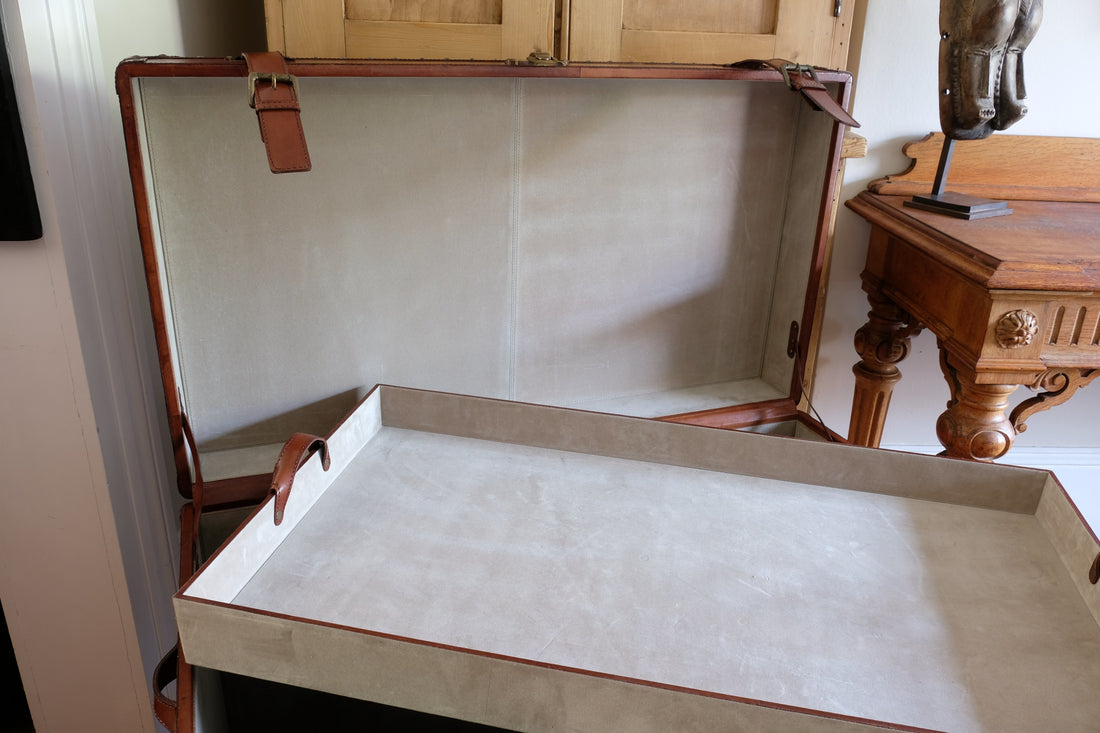 English tan leather steamer trunk with velvet lining & internal tray