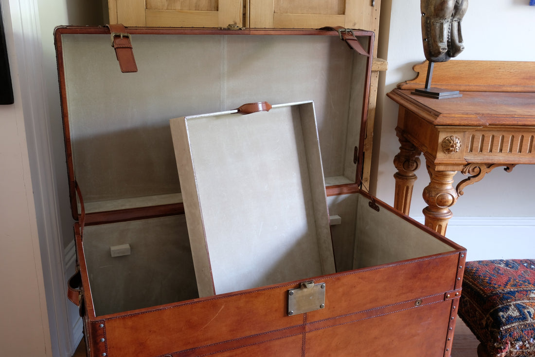 English tan leather steamer trunk with velvet lining & internal tray