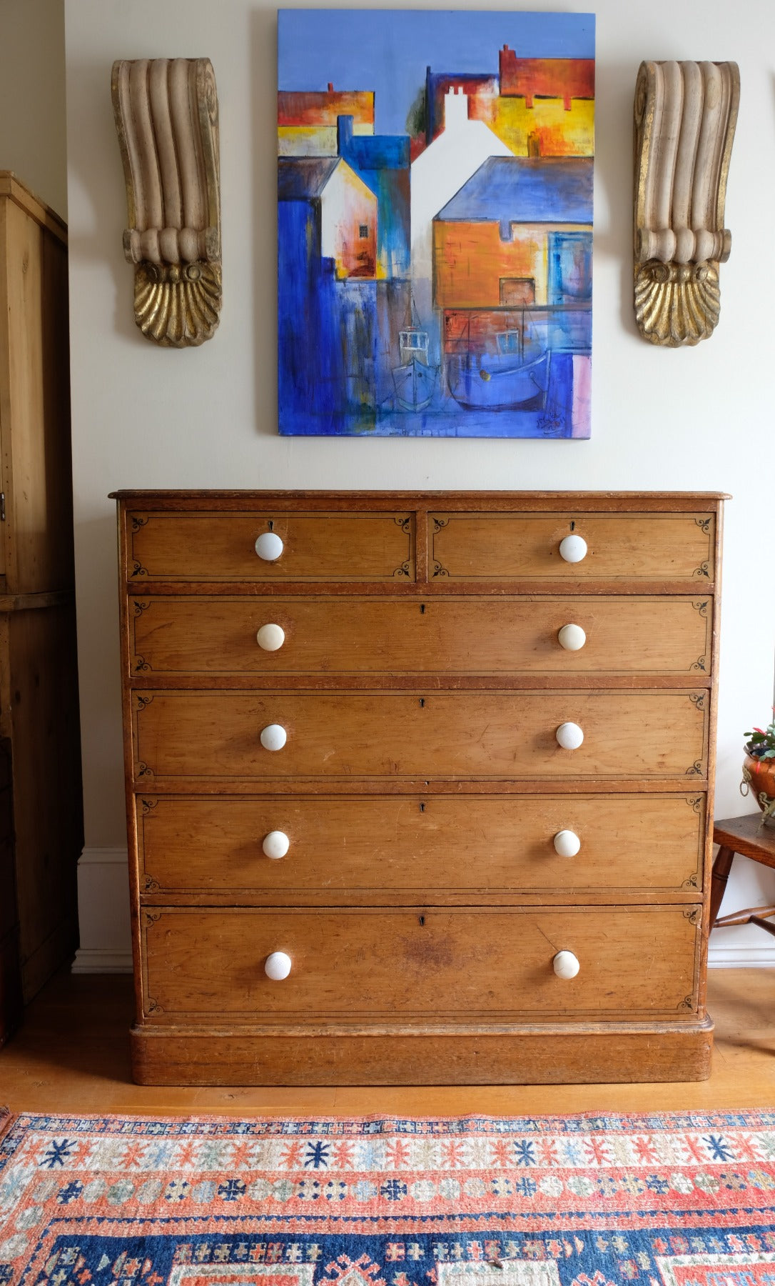Antique painted pine chest of six drawers circa 1860