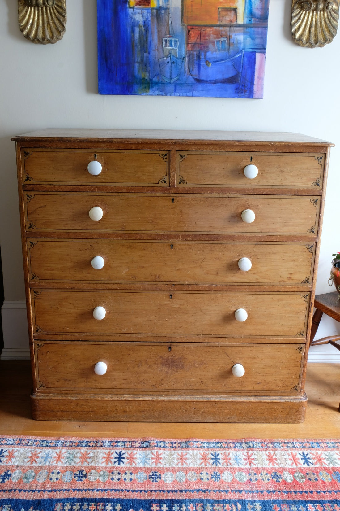Antique painted pine chest of six drawers circa 1860