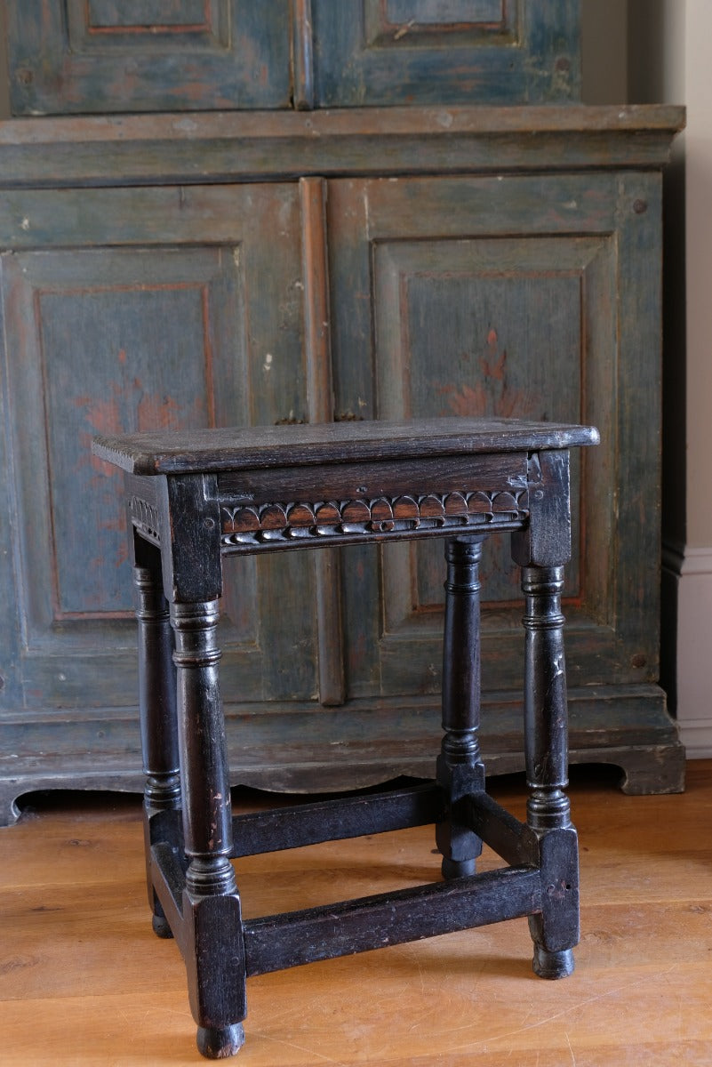 18th Century Oak Rectangular Chip Carved  Stool