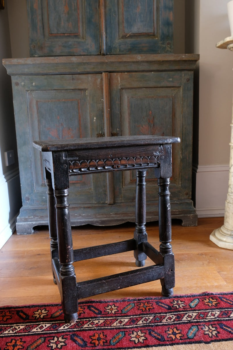 18th Century Oak Rectangular Chip Carved  Stool