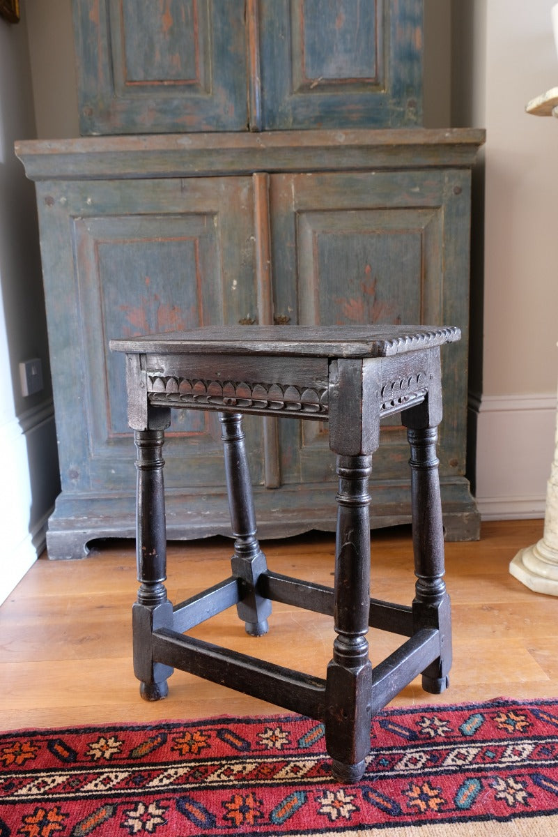 18th Century Oak Rectangular Chip Carved  Stool