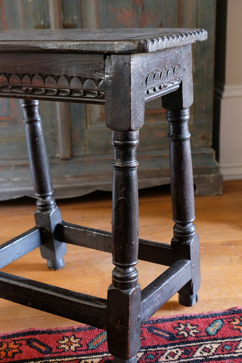 18th Century Oak Rectangular Chip Carved  Stool