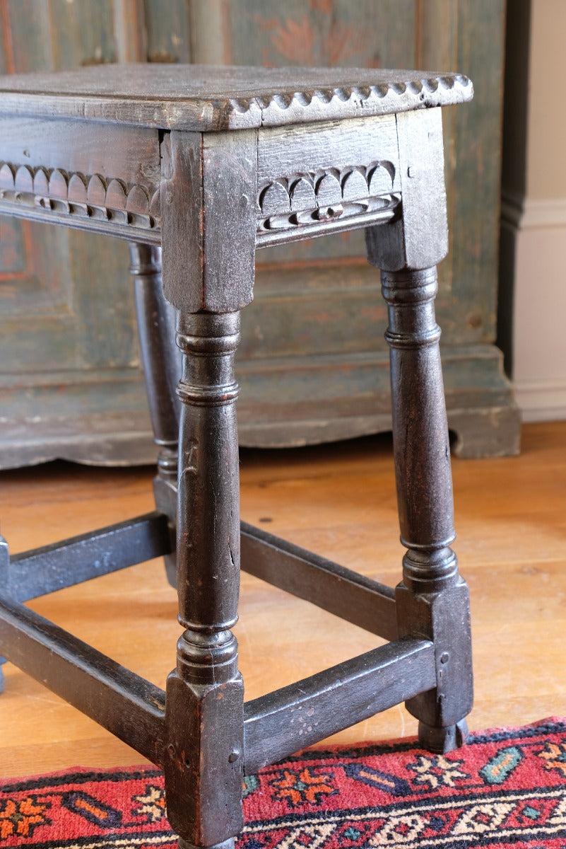 18th Century Oak Rectangular Chip Carved  Stool