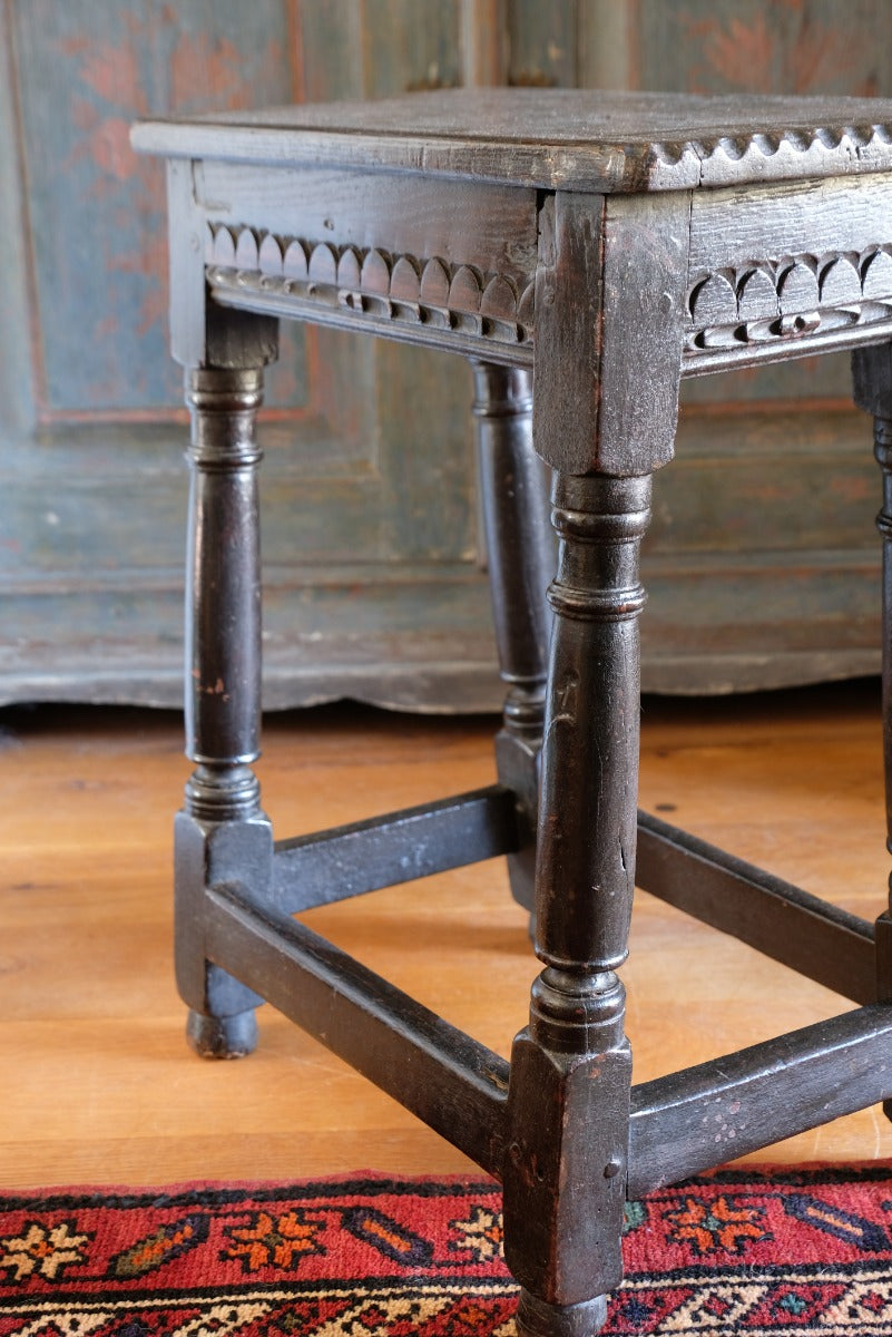 18th Century Oak Rectangular Chip Carved  Stool