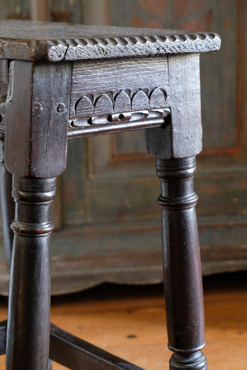 18th Century Oak Rectangular Chip Carved  Stool