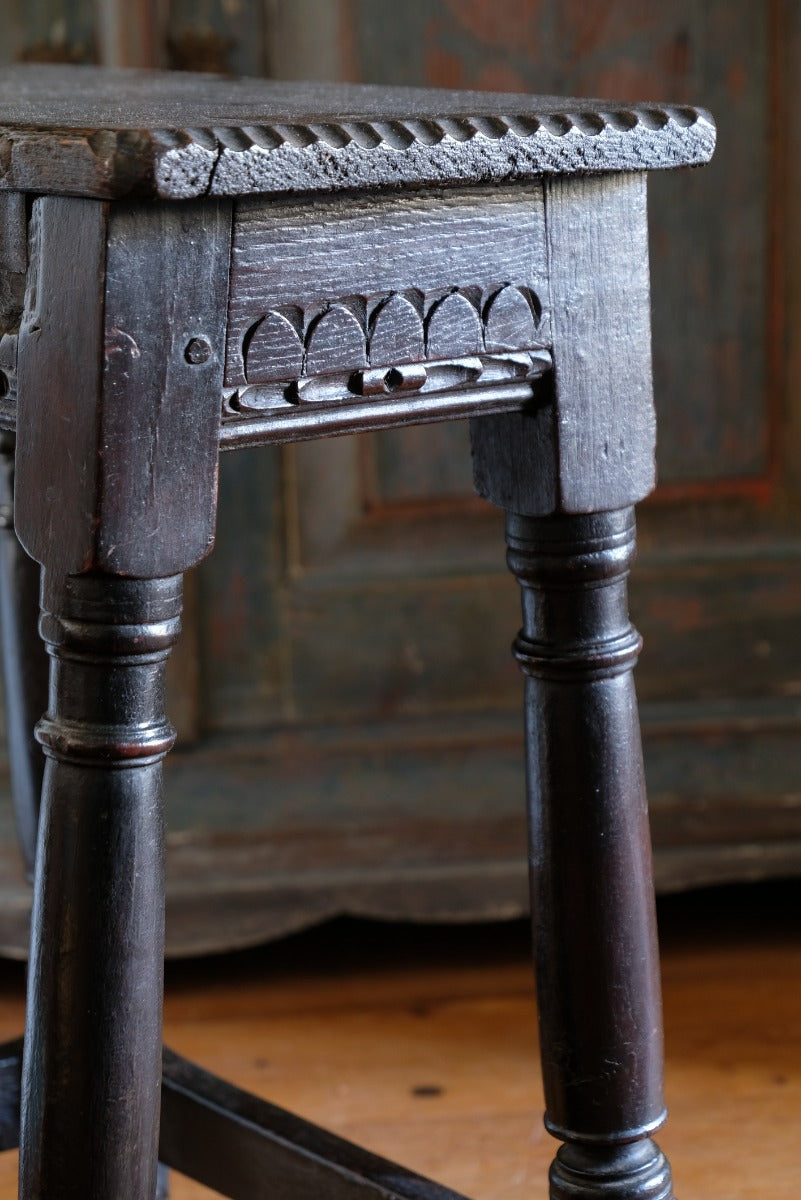 18th Century Oak Rectangular Chip Carved  Stool