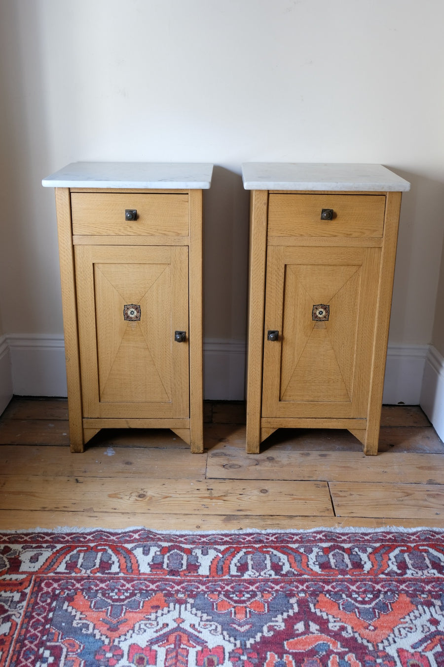 Art Nouveau Marble-Top Bedside Cabinets in Painted Oak