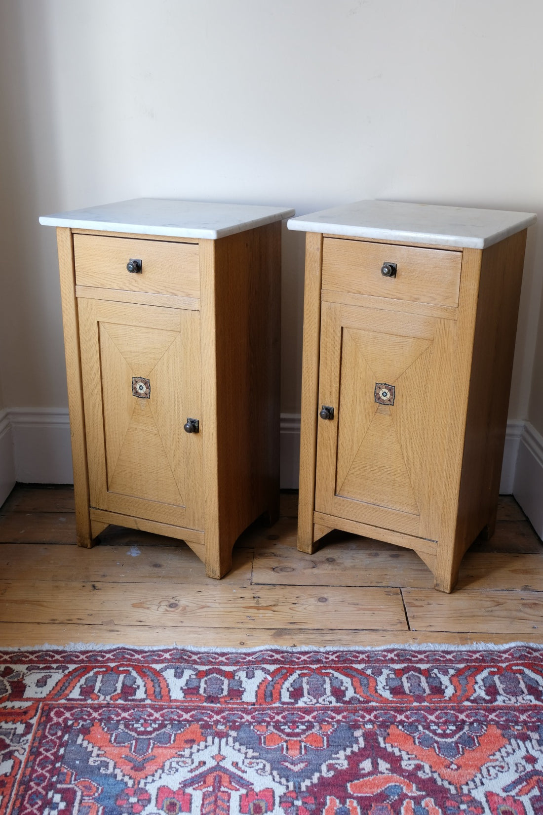 Art Nouveau Marble-Top Bedside Cabinets in Painted Oak