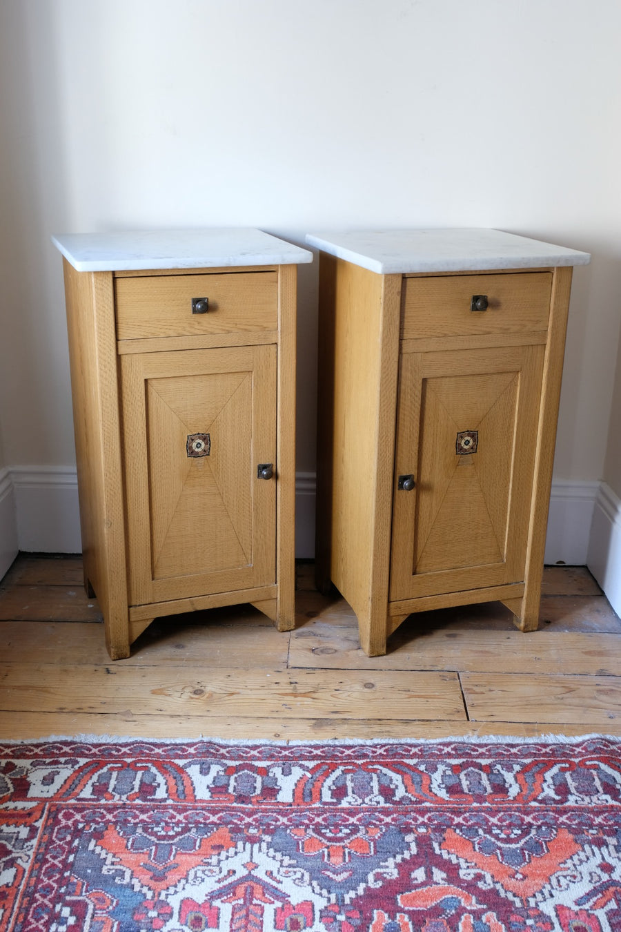 Art Nouveau Marble-Top Bedside Cabinets in Painted Oak