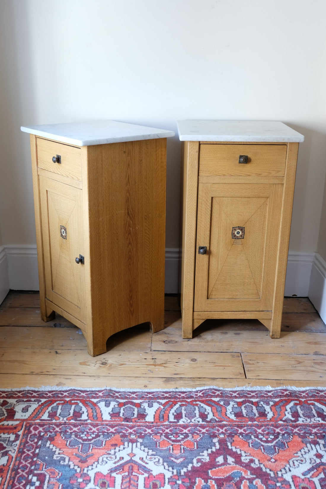 Art Nouveau Marble-Top Bedside Cabinets in Painted Oak