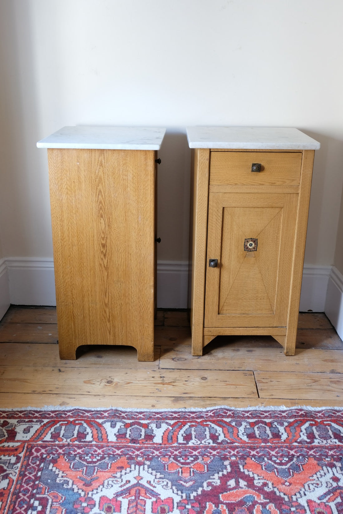 Art Nouveau Marble-Top Bedside Cabinets in Painted Oak