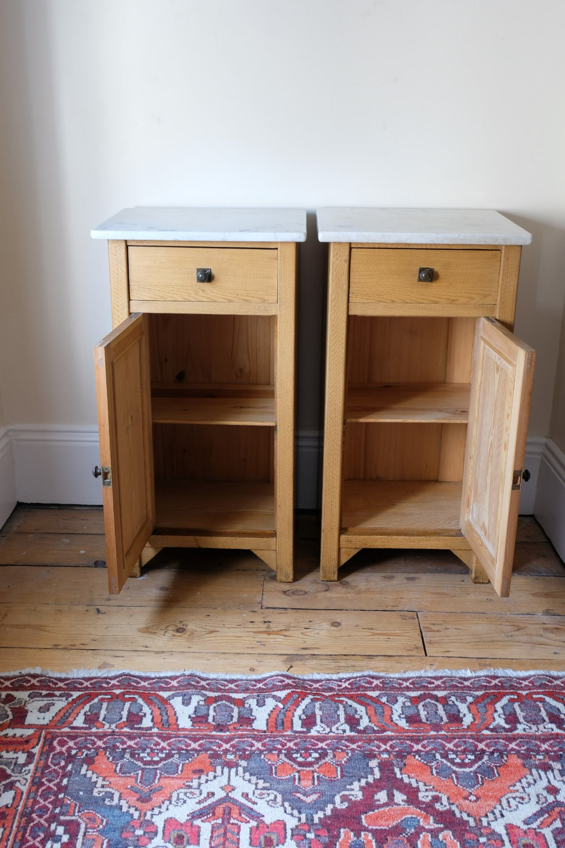 Art Nouveau Marble-Top Bedside Cabinets in Painted Oak