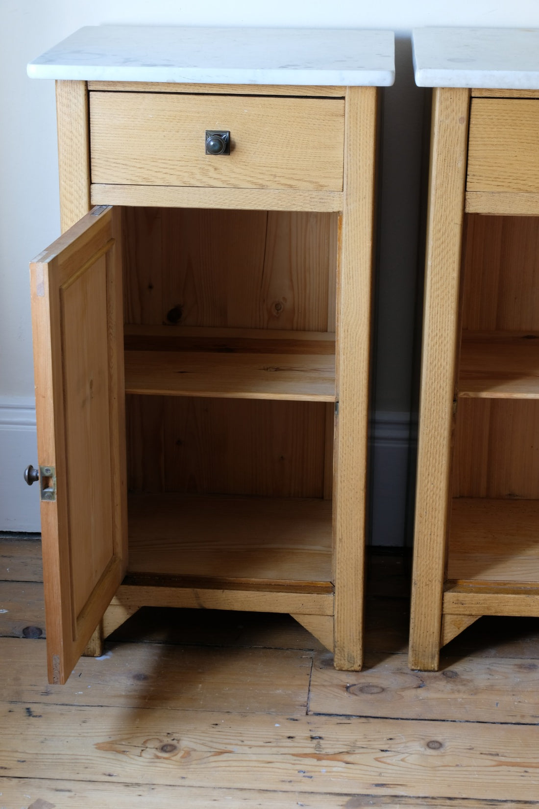 Art Nouveau Marble-Top Bedside Cabinets in Painted Oak