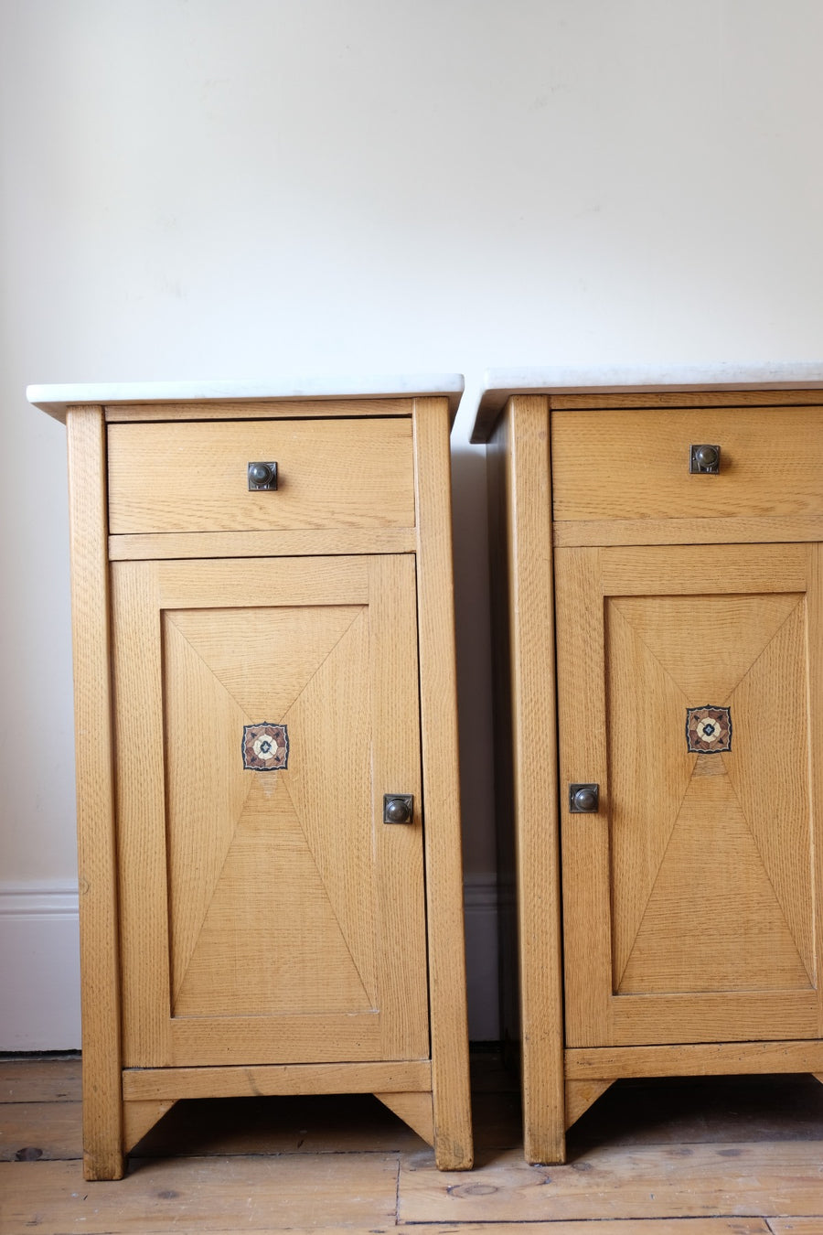 Art Nouveau Marble-Top Bedside Cabinets in Painted Oak
