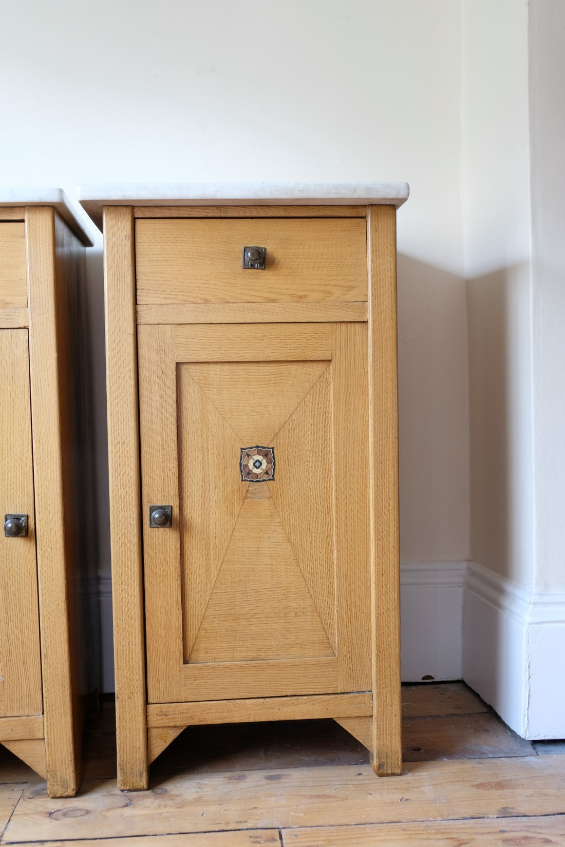 Art Nouveau Marble-Top Bedside Cabinets in Painted Oak