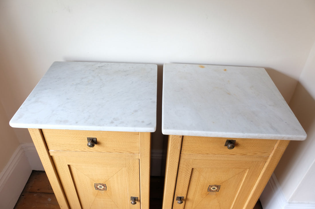 Art Nouveau Marble-Top Bedside Cabinets in Painted Oak
