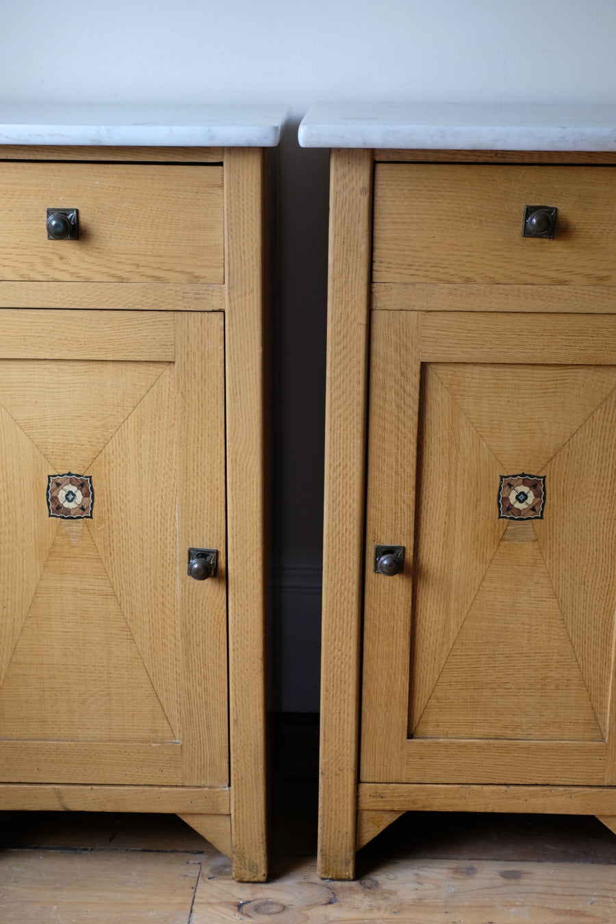 Art Nouveau Marble-Top Bedside Cabinets in Painted Oak