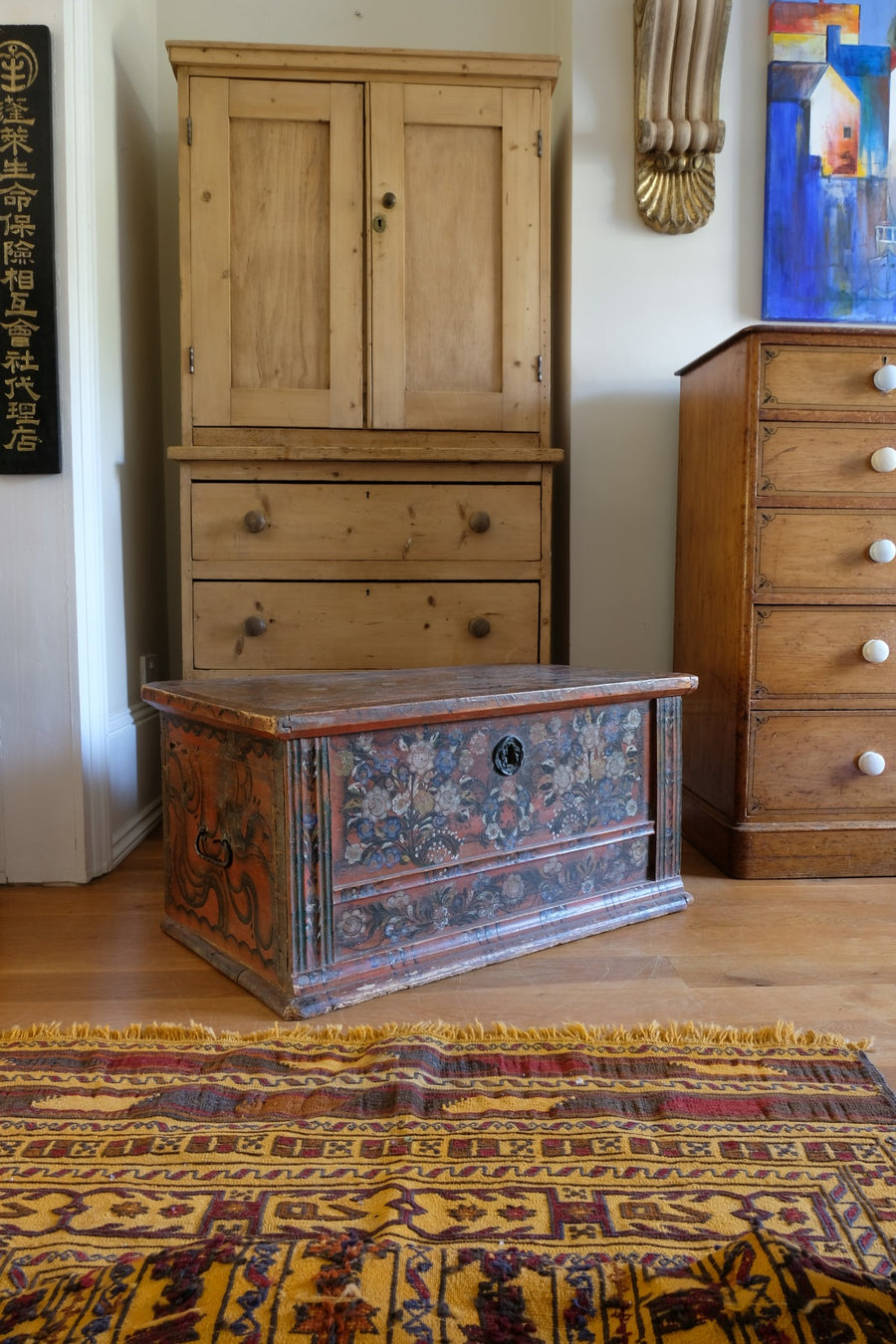 Hand painted ffolk Art coffer chest with a floral design