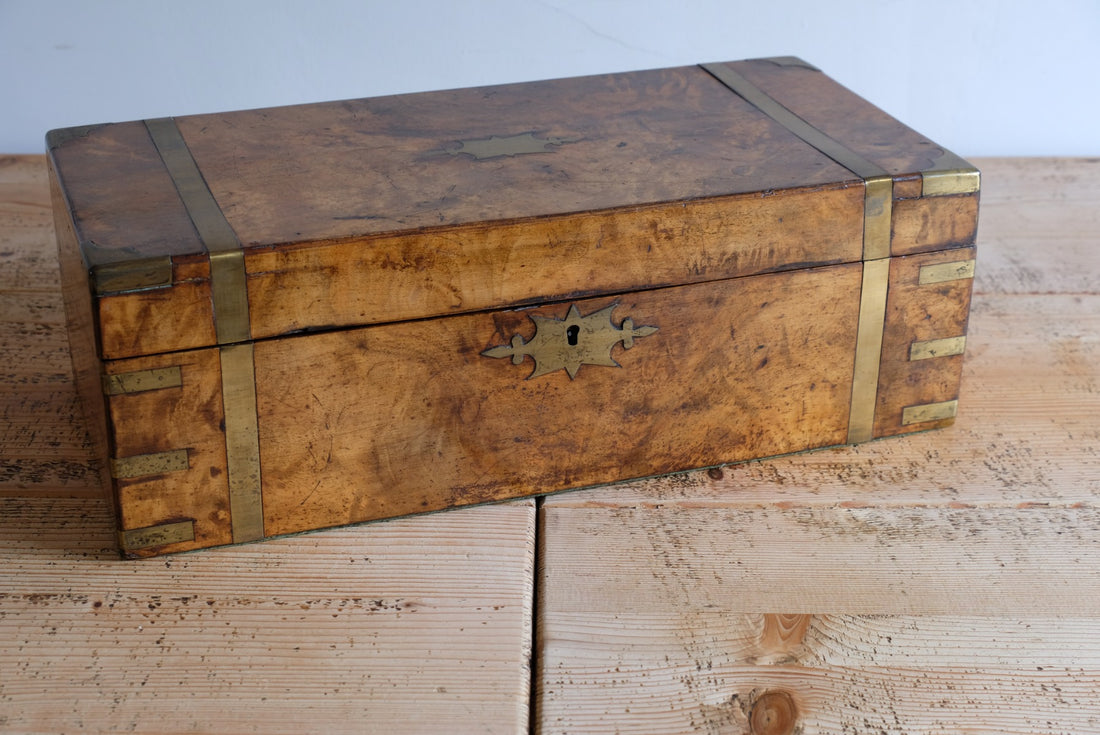 19th Century Victorian Burr Walnut Writing Slope Brass Strapping