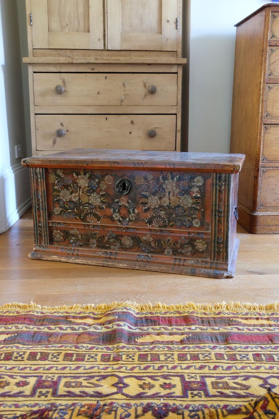 Hand painted ffolk Art coffer chest with a floral design
