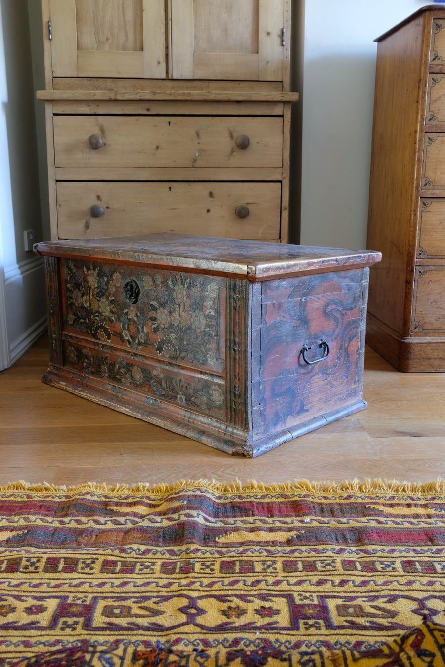 Hand painted ffolk Art coffer chest with a floral design