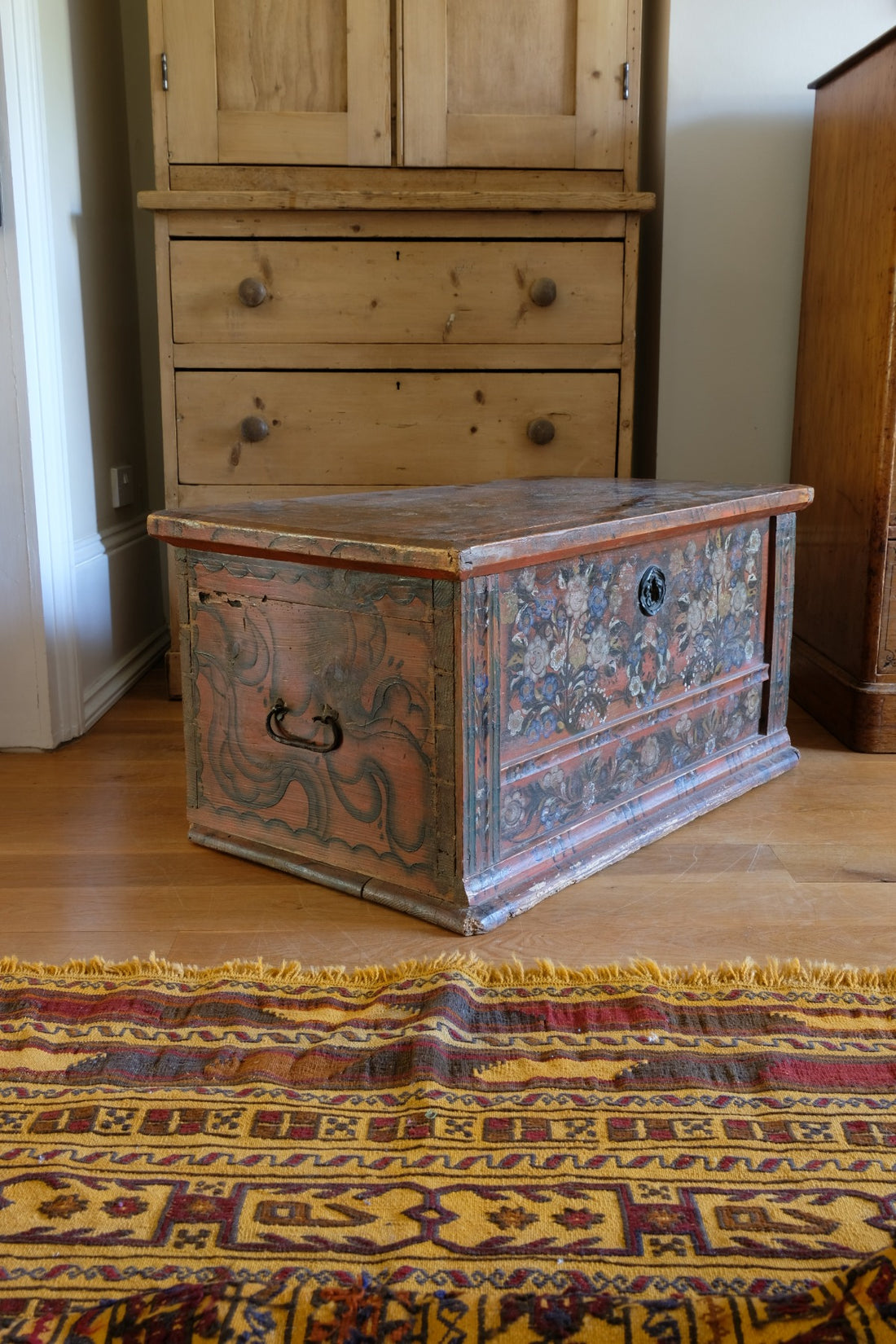 Hand painted ffolk Art coffer chest with a floral design
