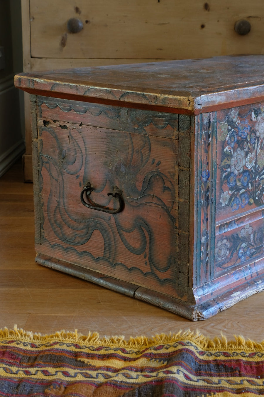 Hand painted ffolk Art coffer chest with a floral design