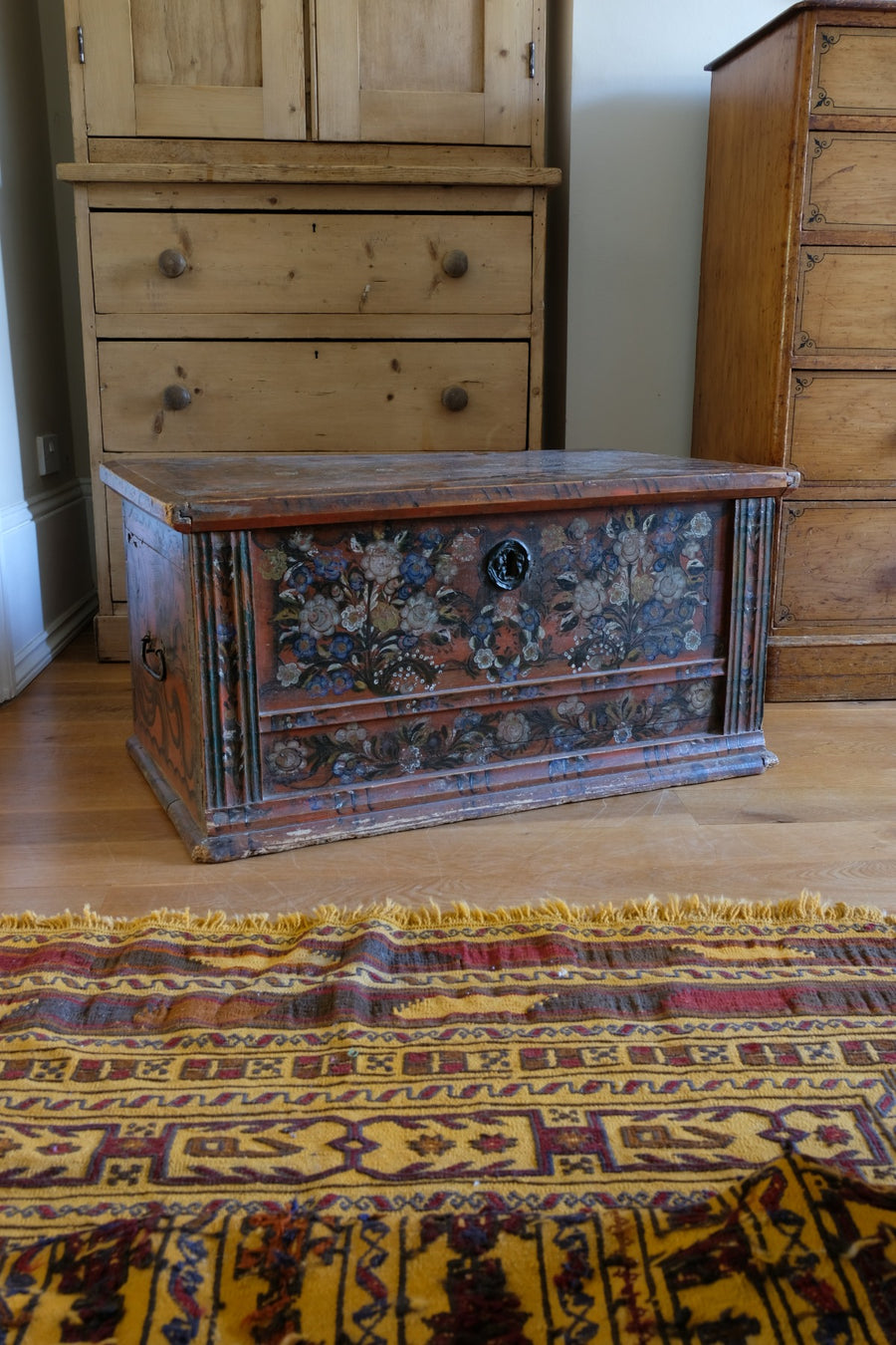 Hand painted ffolk Art coffer chest with a floral design