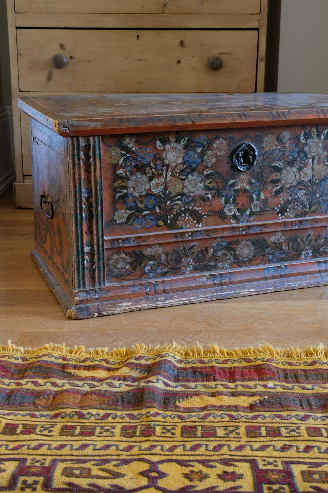 Hand painted ffolk Art coffer chest with a floral design