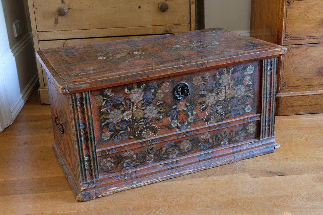 Hand painted ffolk Art coffer chest with a floral design