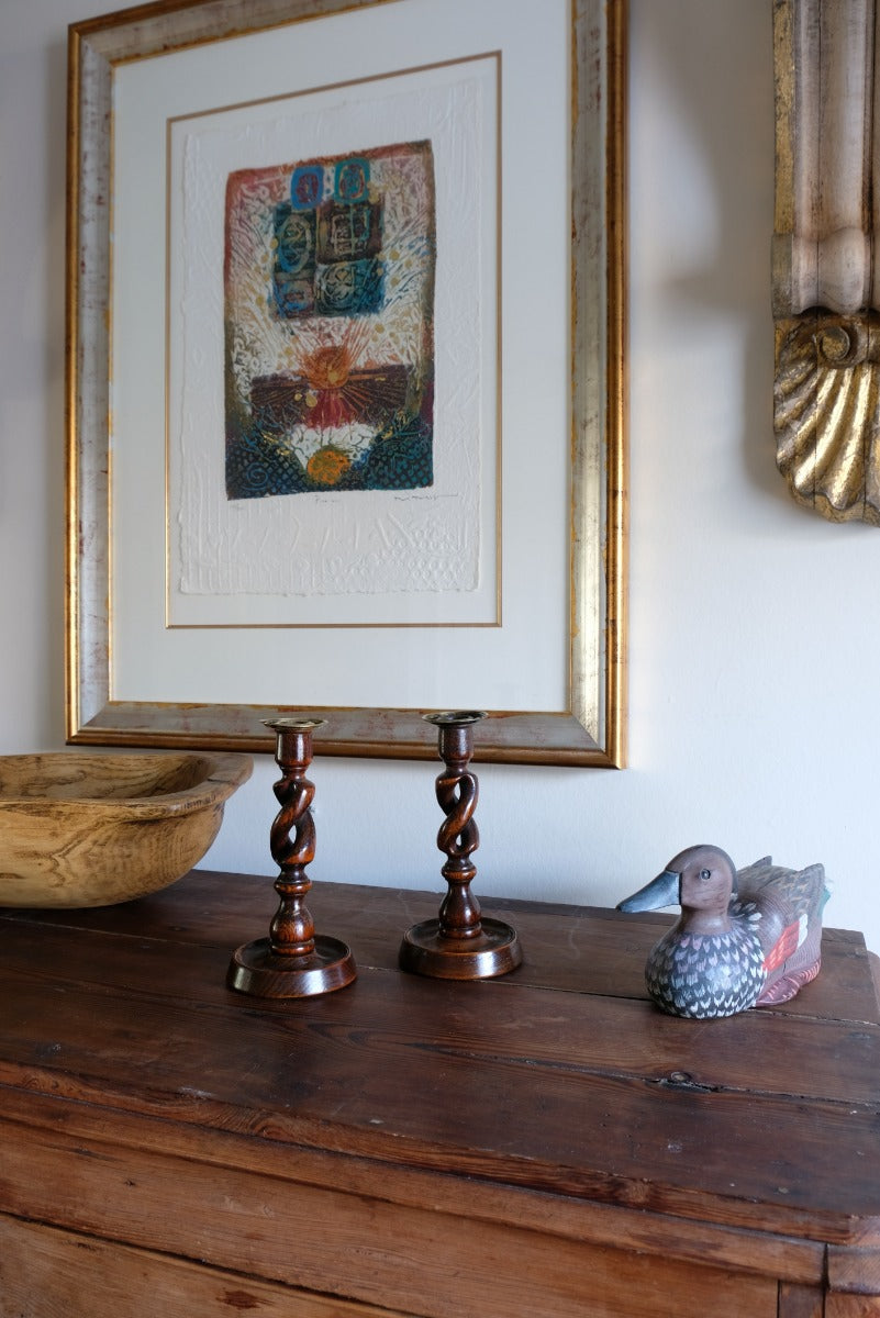 Pair 19th Century Oak Barley Twist Candle Sticks