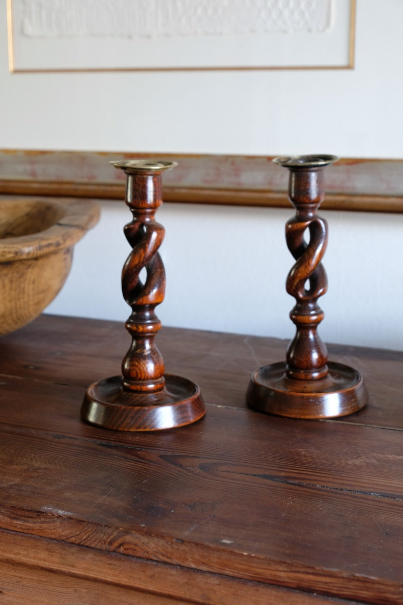 Pair 19th Century Oak Barley Twist Candle Sticks