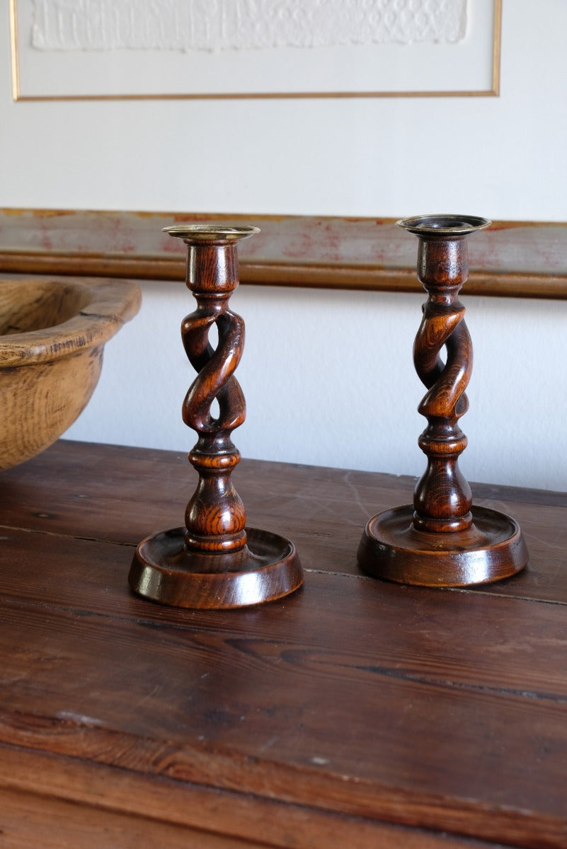 Pair 19th Century Oak Barley Twist Candle Sticks